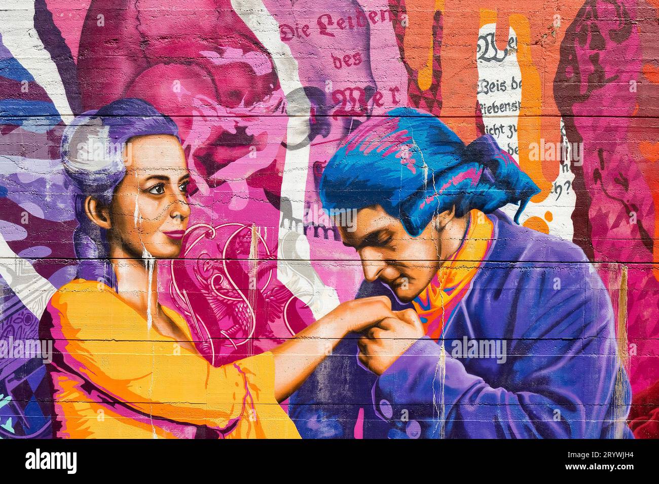 Graffiti coloré avec Charlotte Buff et Johann Wolfgang von Goethe, Altstadt, Wetzlar, Allemagne Banque D'Images