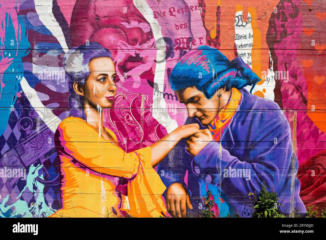 Graffiti coloré avec Charlotte Buff et Johann Wolfgang von Goethe, Altstadt, Wetzlar, Allemagne Banque D'Images