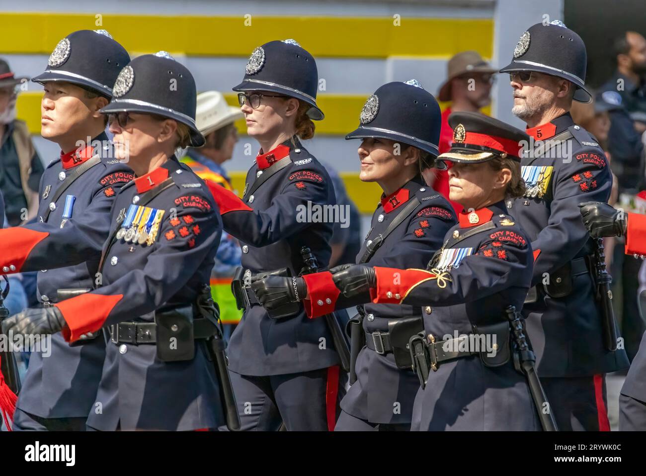 Calgary, Alberta, Canada. 7 juillet 2023. Des membres de la police municipale de Calgary lors d'un événement public. Banque D'Images