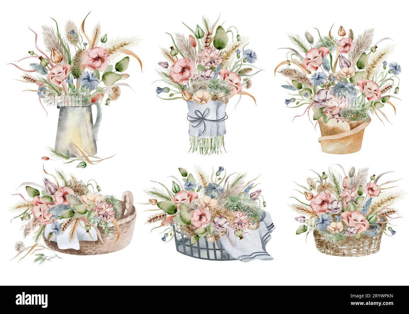 Un ensemble d'illustrations à l'aquarelle d'un bouquet de fleurs d'automne, dans des couleurs sombres chaudes sur un fond blanc, dessinées à la main Banque D'Images