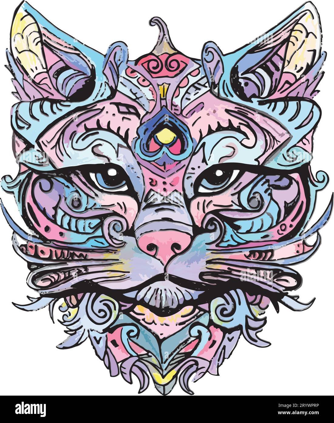Illustration de visage de chat, dessin au trait multicolore, dessiné à la main Illustration de Vecteur