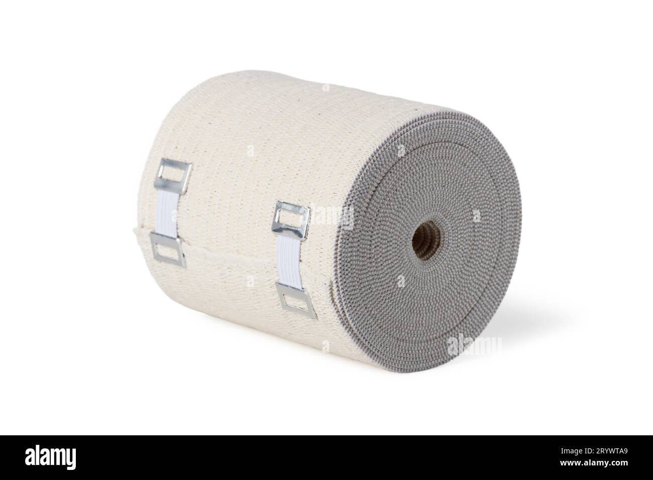 Un rouleau de bandage médical élastique gros plan isolé sur un fond blanc Banque D'Images