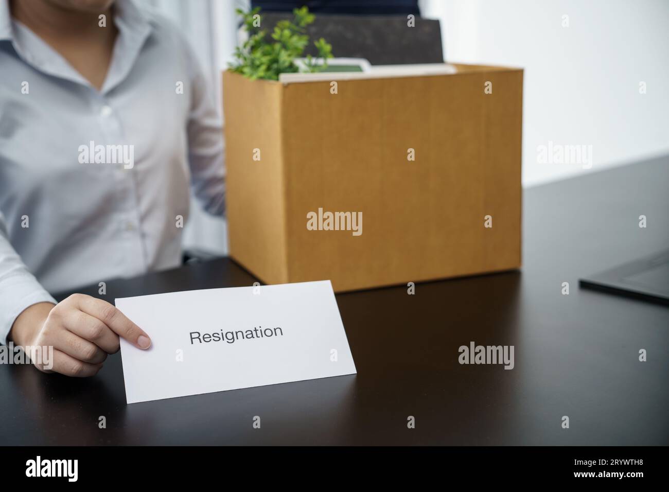 Femme d'affaires envoyant la lettre de démission au patron et tenant des trucs démissionner dépriment ou portant la boîte en carton par le bureau dans le bureau Banque D'Images