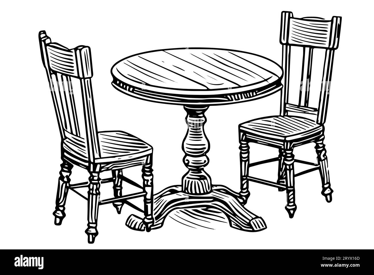 Table ronde en bois avec chaises dessinées à la main croquis à l'encre. Illustration vectorielle vintage de style de gravure. Illustration de Vecteur