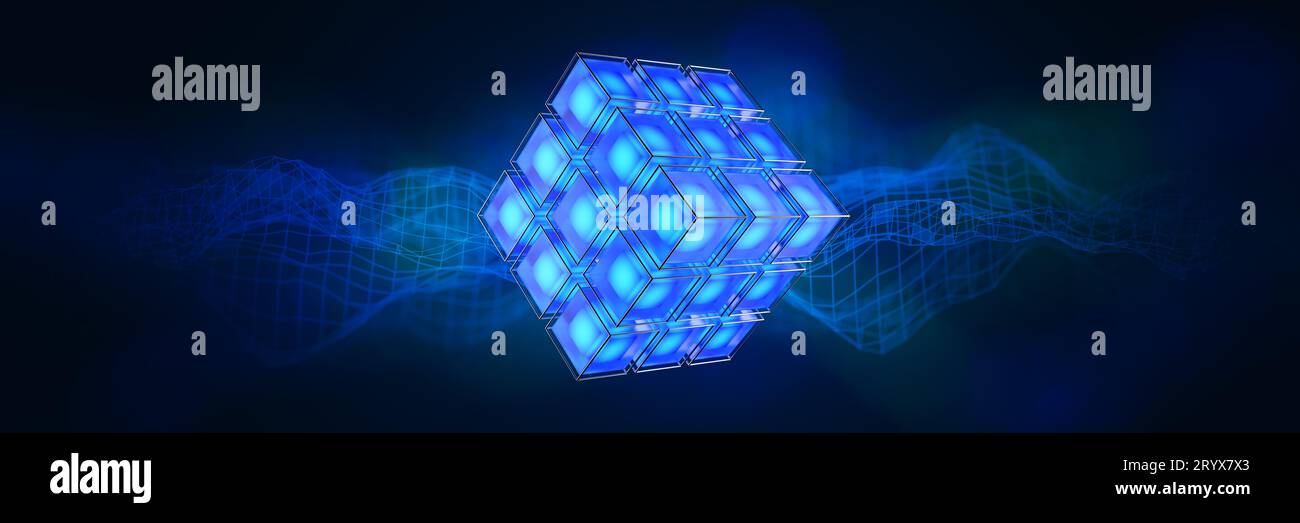 Big Data. Technologie blockchain. Intelligence artificielle. Arrière-plan de la structure du réseau. Arrière-plan des données. Apprentissage automatique. Bannière large. rendu 3d. Banque D'Images