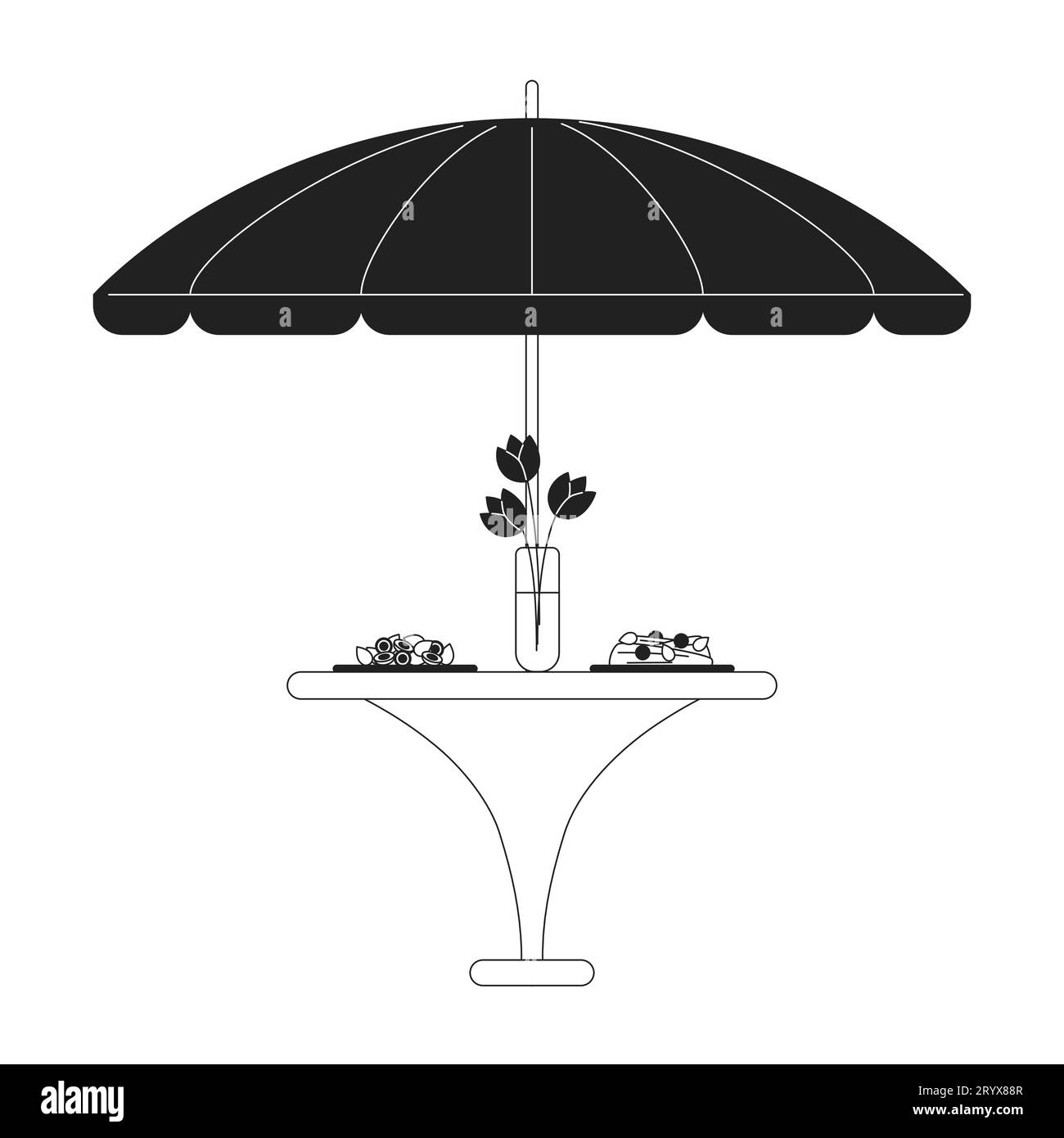 Parasol patio table à manger dîner servi objet de dessin animé 2D noir et blanc Illustration de Vecteur