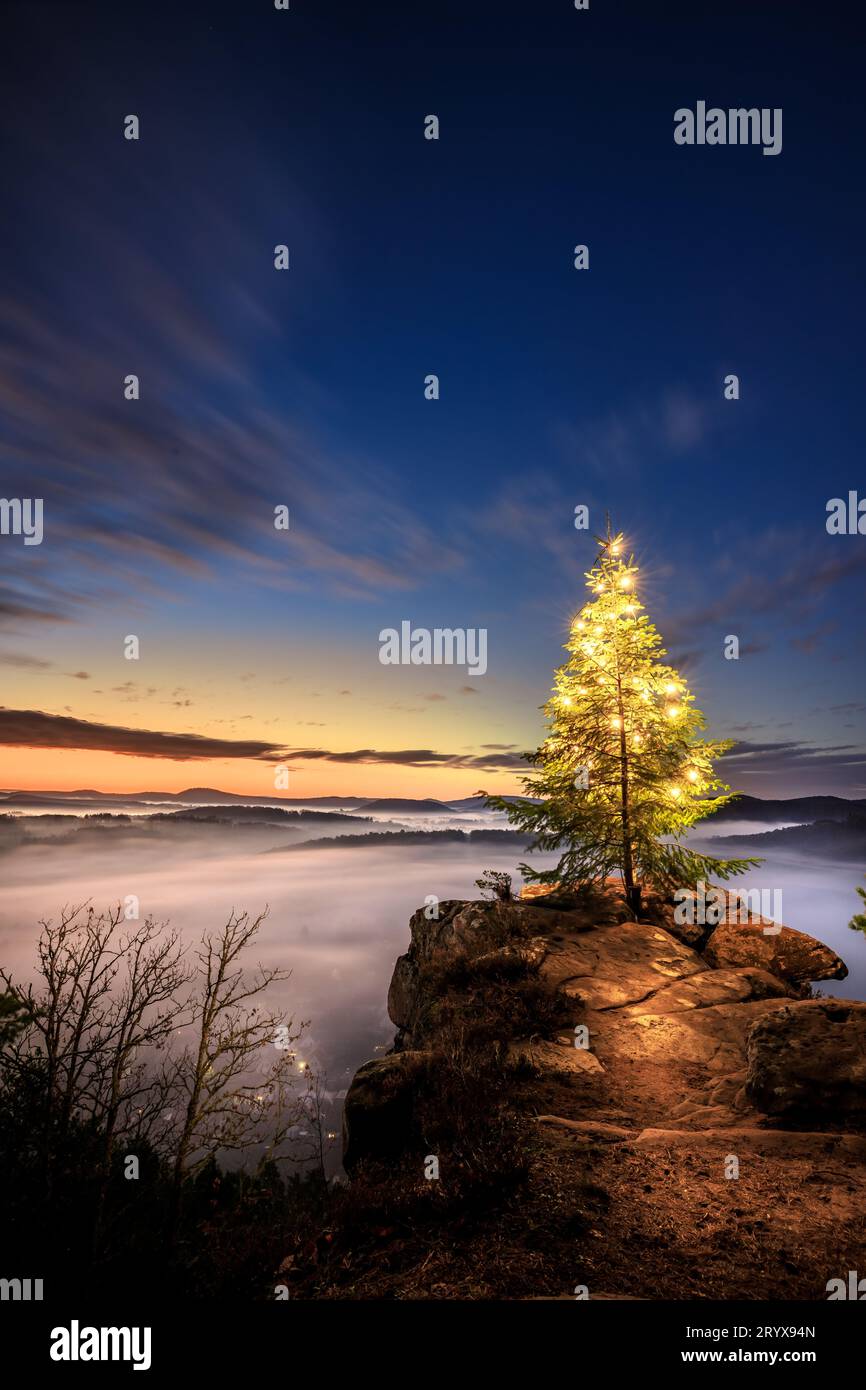 Esprit de Noël idyllique dans la forêt du Palatinat : lever du soleil sur le rocher Banque D'Images