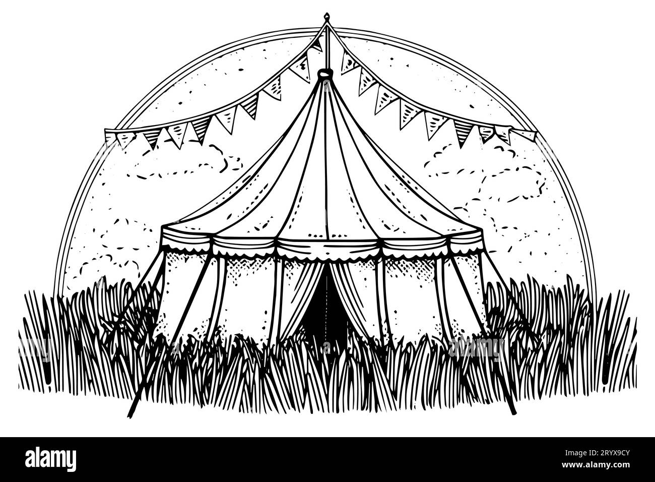 Tente de marquise de cirque rétro avec drapeau dessiné à la main dessin à l'encre. Illustration vectorielle de style de gravure. Illustration de Vecteur