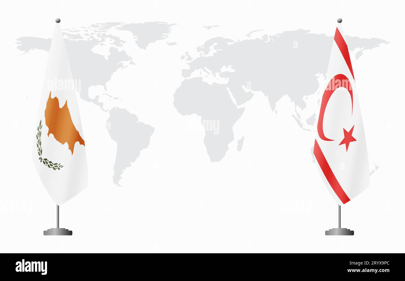 Drapeaux de la République de Chypre et de la République turque de Chypre-Nord pour réunion officielle sur fond de carte du monde. Illustration de Vecteur