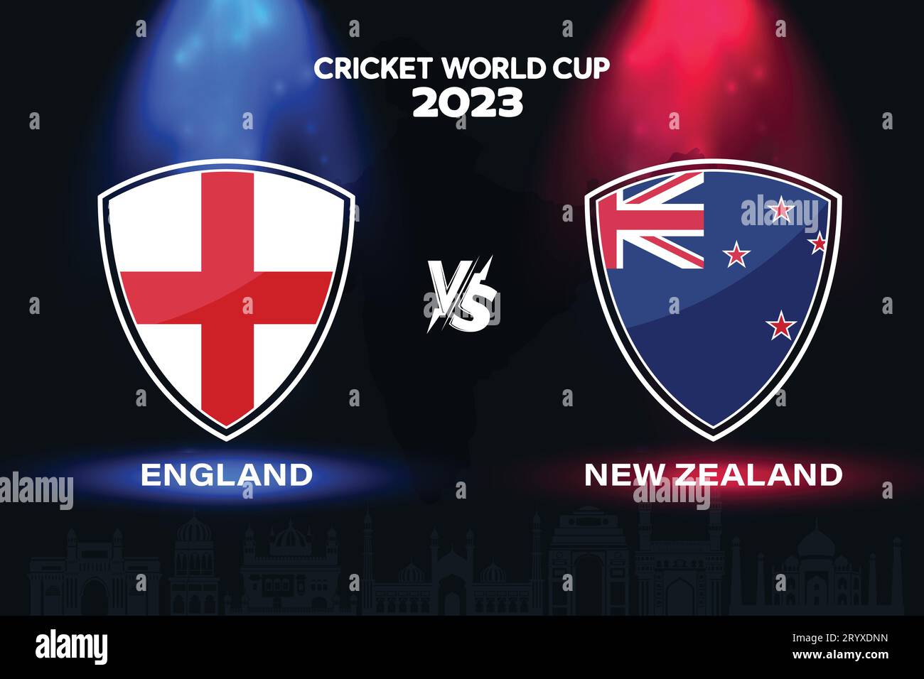 Angleterre vs Nouvelle-Zélande logo de drapeau international de cricket sur fond d'horizon indien pour la finale de la coupe du monde 2023. Vecteur EPS pour match sportif Illustration de Vecteur