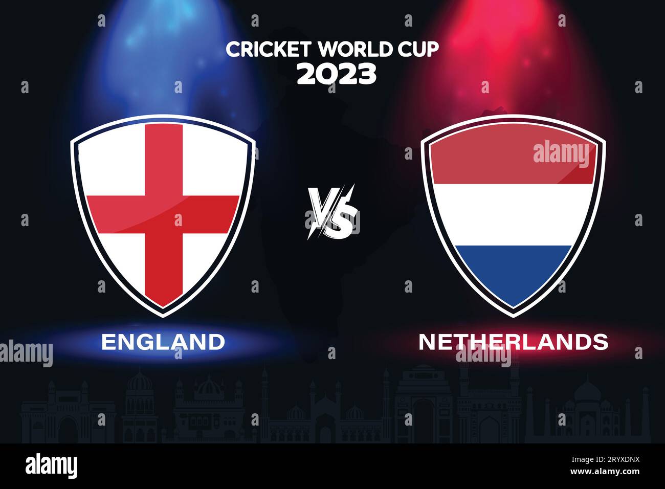Angleterre vs pays-Bas logo du drapeau international de cricket sur fond d'horizon indien pour la finale de la coupe du monde 2023. Vecteur EPS pour match sportif Illustration de Vecteur