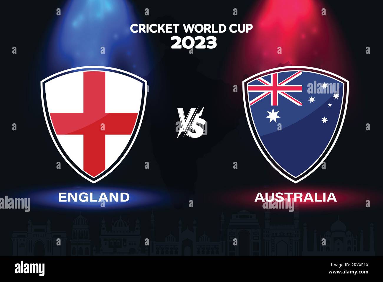 Logo de drapeau de cricket international Angleterre vs Australie sur fond d'horizon indien pour la finale de la coupe du monde 2023. Vecteur EPS pour match sportif Illustration de Vecteur