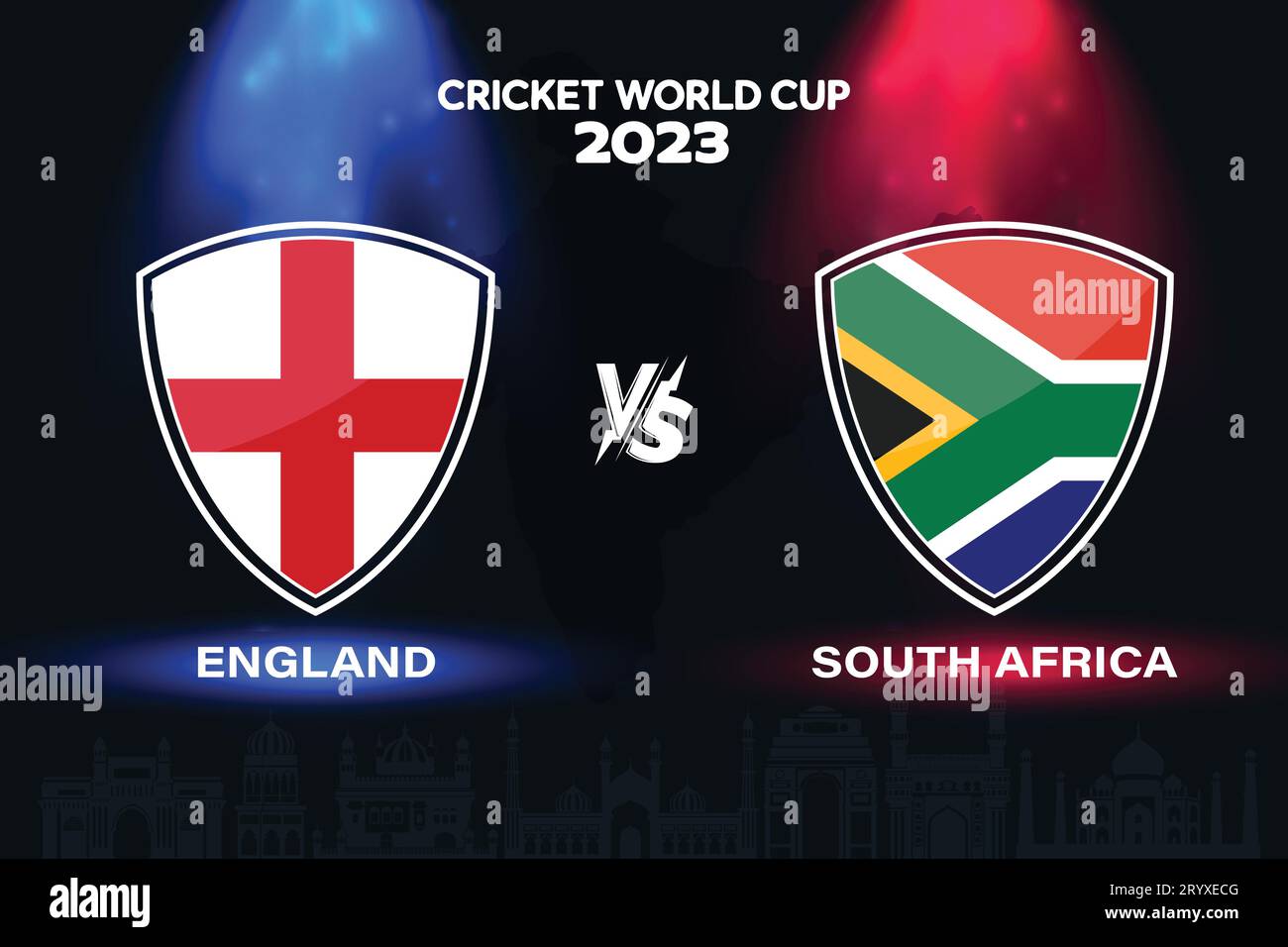 Angleterre vs Afrique du Sud logo de drapeau de cricket international sur fond d'horizon indien pour la finale de la coupe du monde 2023. Vecteur EPS pour match sportif Illustration de Vecteur