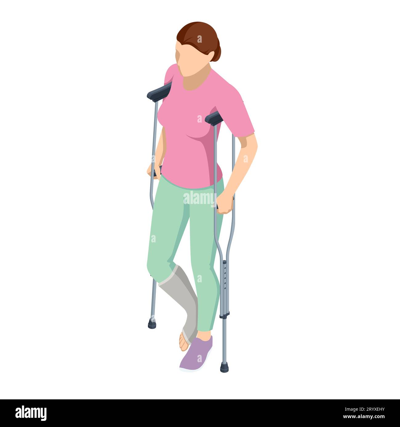 Femme isométrique avec une blessure à la jambe dans un plâtre sur des béquilles. Concept de sécurité sociale et d'assurance maladie. Réadaptation Illustration de Vecteur