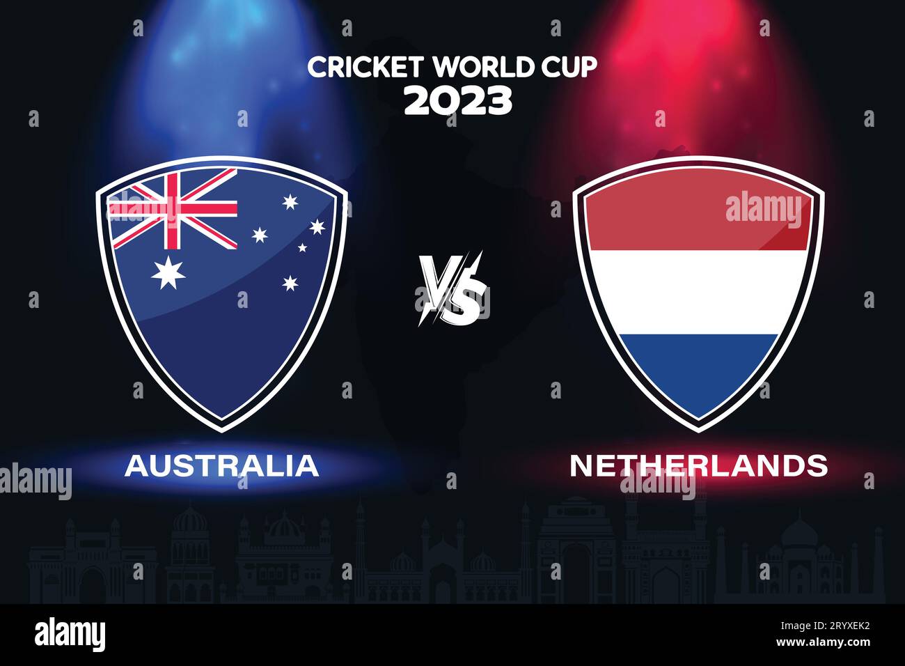 Logo de drapeau de cricket international Australie vs pays-Bas sur fond d'horizon indien pour la finale de la coupe du monde 2023. Vecteur EPS pour match sportif Illustration de Vecteur