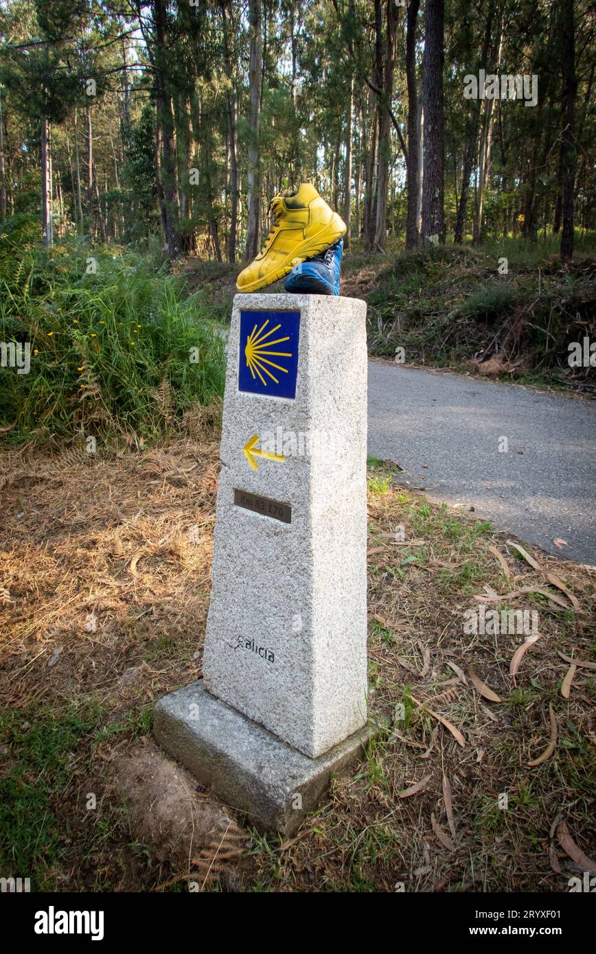 Une blague de motivation pratique amd pour les pèlerins sur le Camino portugais près de Cesantes. Une paire de vieilles bottes de randonnée peintes en jaune et bleu se trouve au-dessus d'un marqueur de chemin typique. Banque D'Images