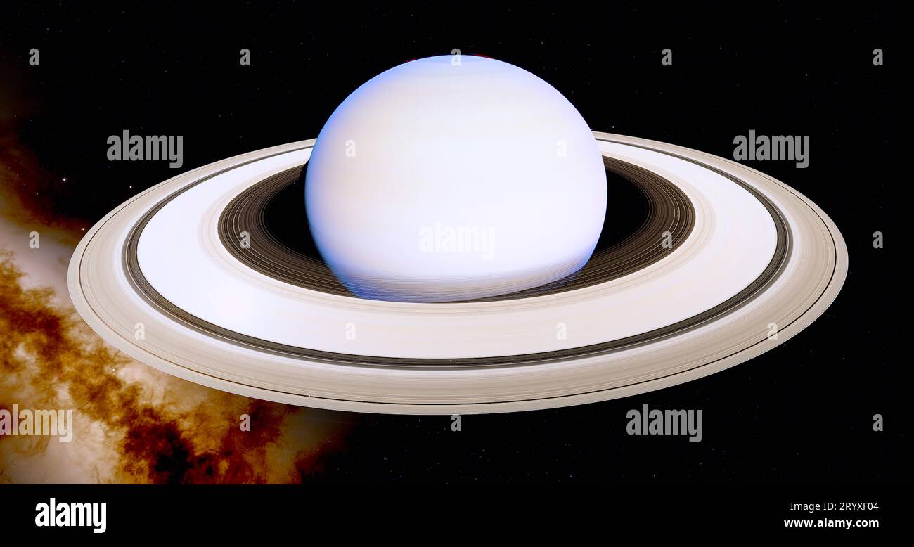 Saturne est la sixième planète de notre système solaire et a 146 lunes qui ressemblent à des diamants à travers un télescope. Banque D'Images
