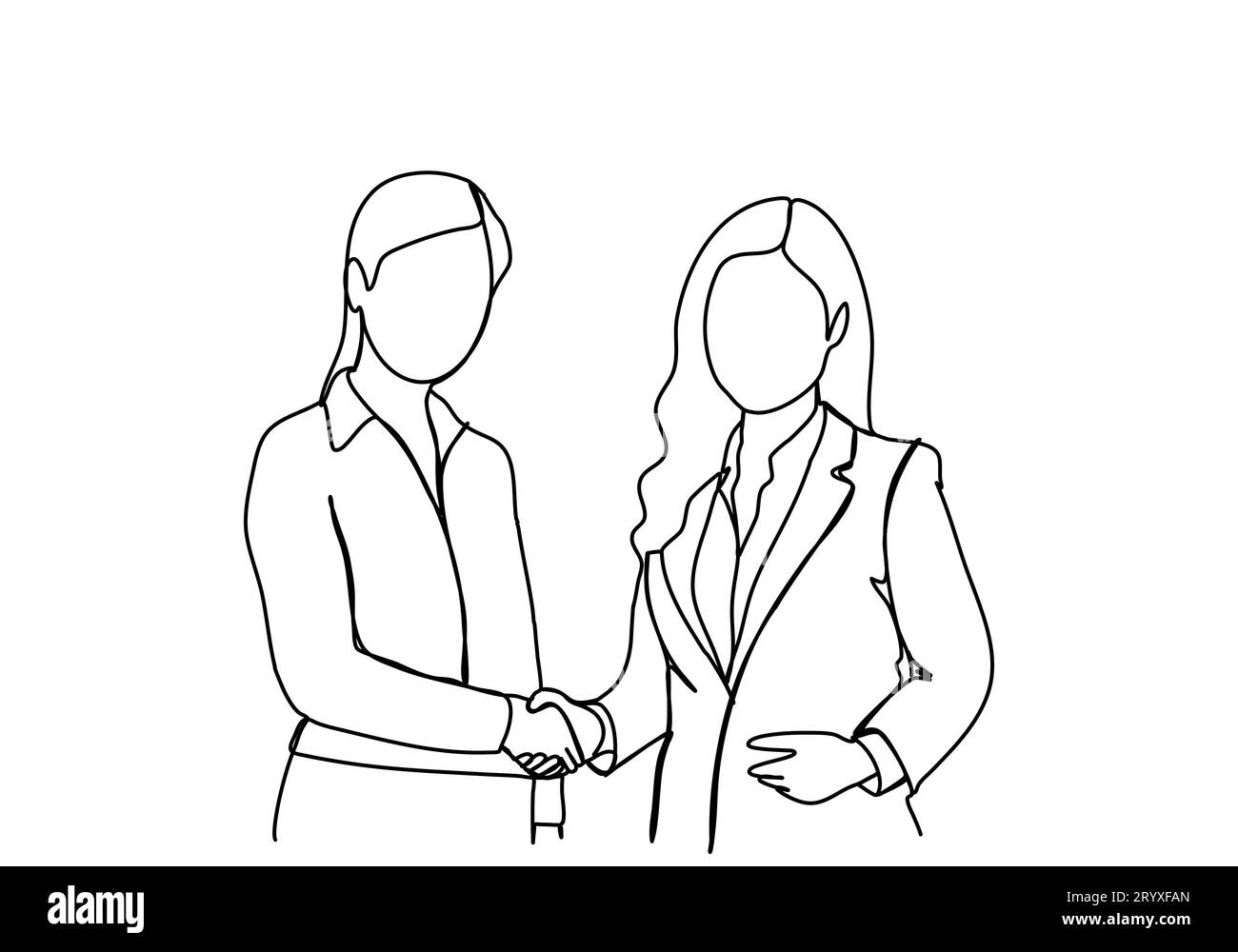 Deux femmes en costume d'affaires serrant la main lors de négociations commerciales. Une illustration vectorielle de dessin de ligne. Illustration de Vecteur