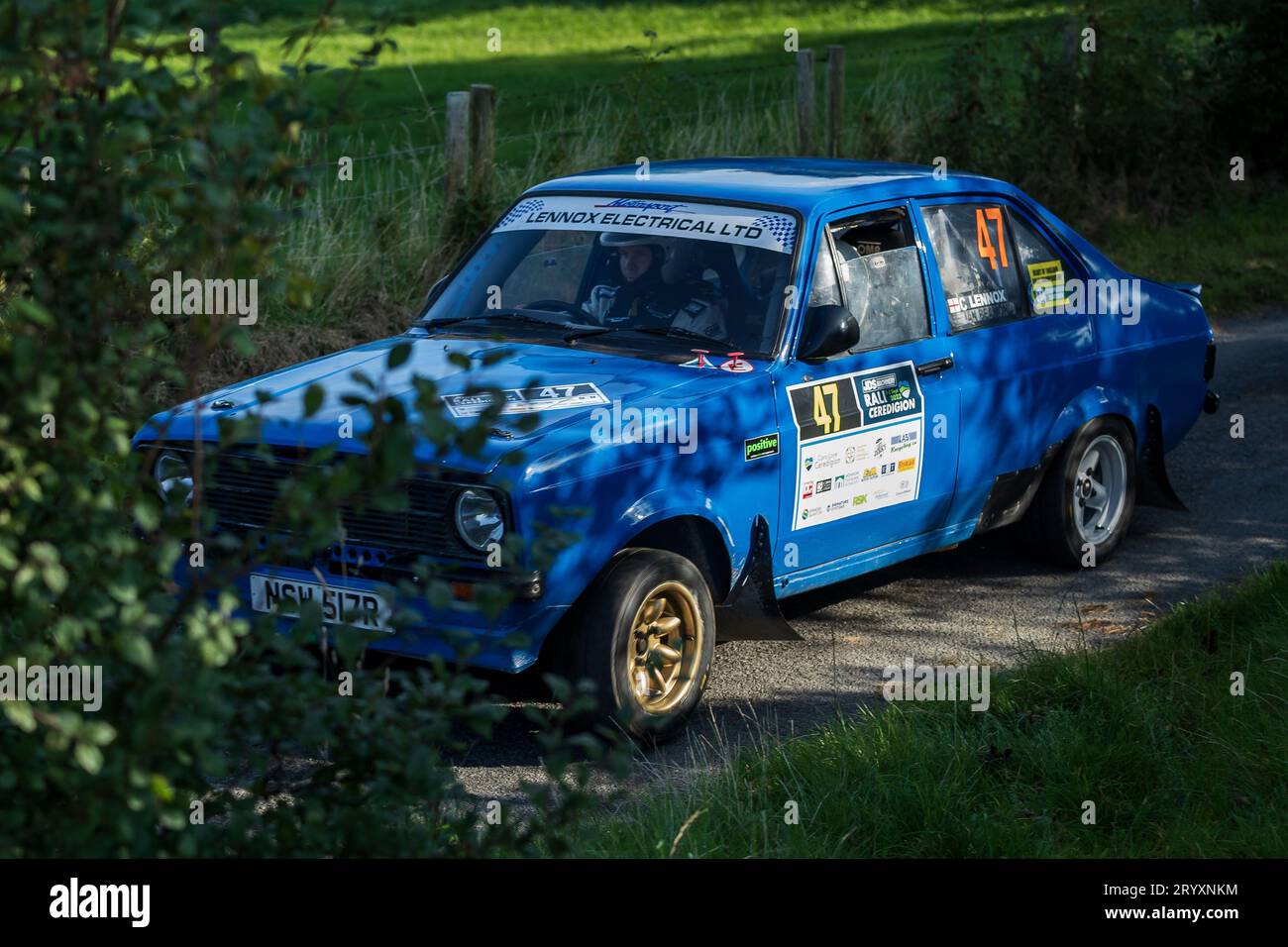 Ceredigion, pays de Galles - 02 septembre 2023 Rali Ceredigion : Mark Lennox et Co-pilote Claire Lennox dans une Ford Escort car 47 sur scène SS1 Borth 1 pays de Galles, Banque D'Images