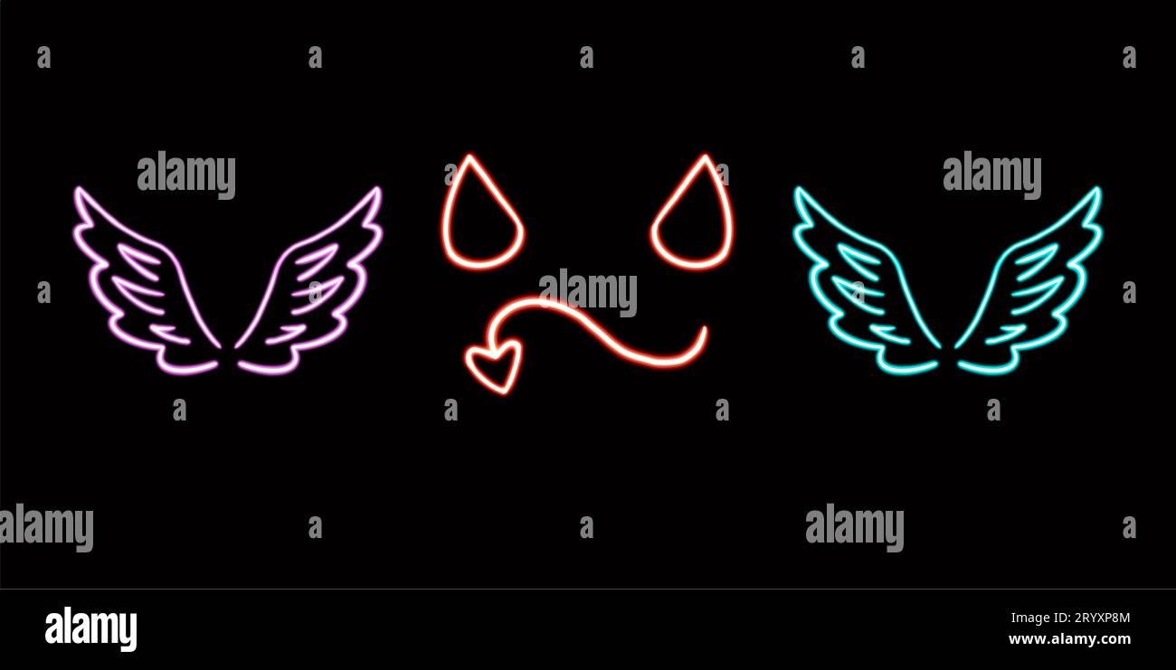 Jeu d'ailes et de cornes néon, icône de bureau brillante, autocollant néon, figurine néon, figurine brillante, figures géométriques au néon Banque D'Images