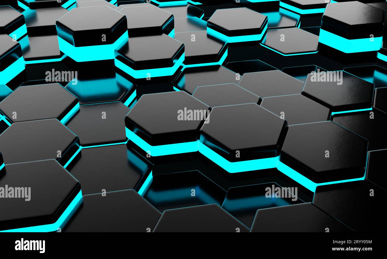 Hexagone noir en nid d'abeille avec fond lumineux bleu néon. SCI-fi et concept de technologie scientifique. Illustration 3D rende Banque D'Images