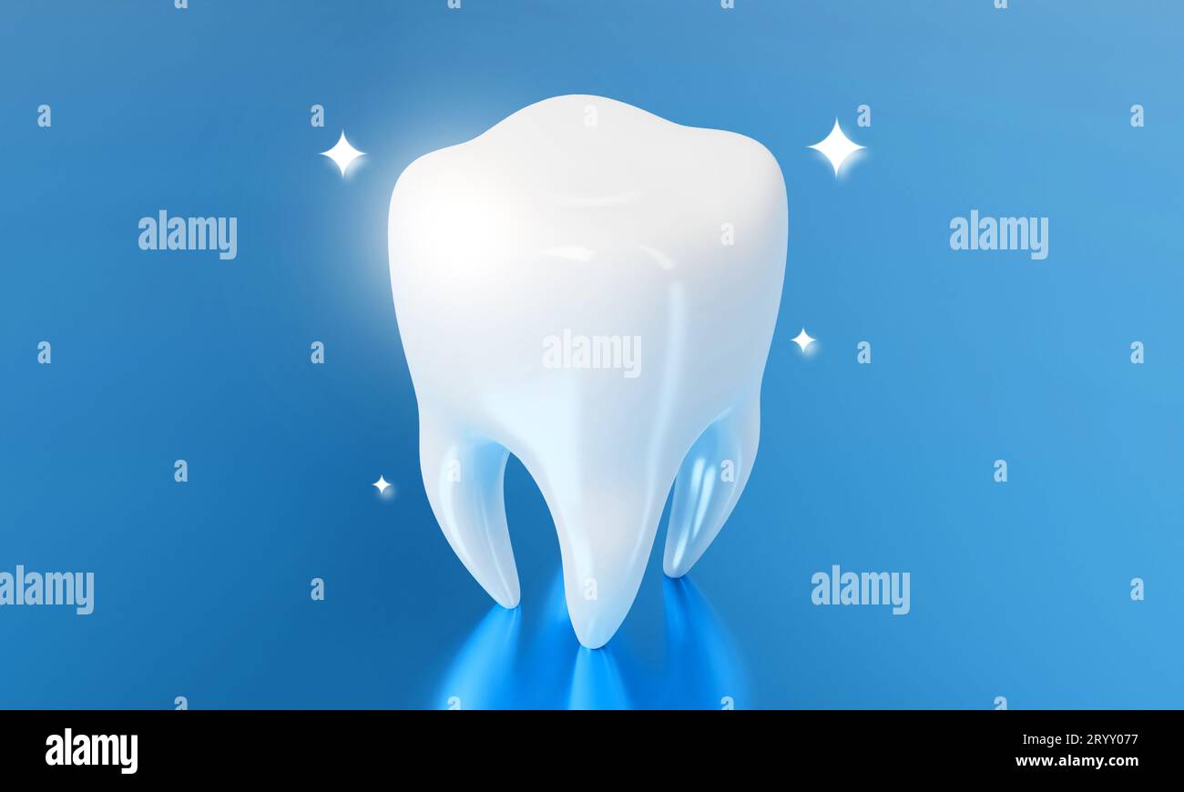 Dent sur fond bleu. Concept de bien-être médical et de soins dentaires. 3D rendu d'illustration Banque D'Images
