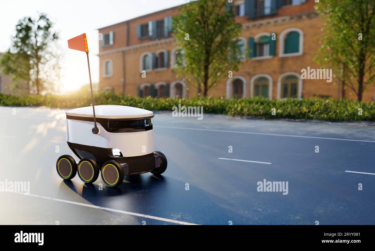 Courrier robot livrant le colis à la maison du client sur la route de rue avec fond de ville. Technologie d'entreprise et innovation conceps Banque D'Images