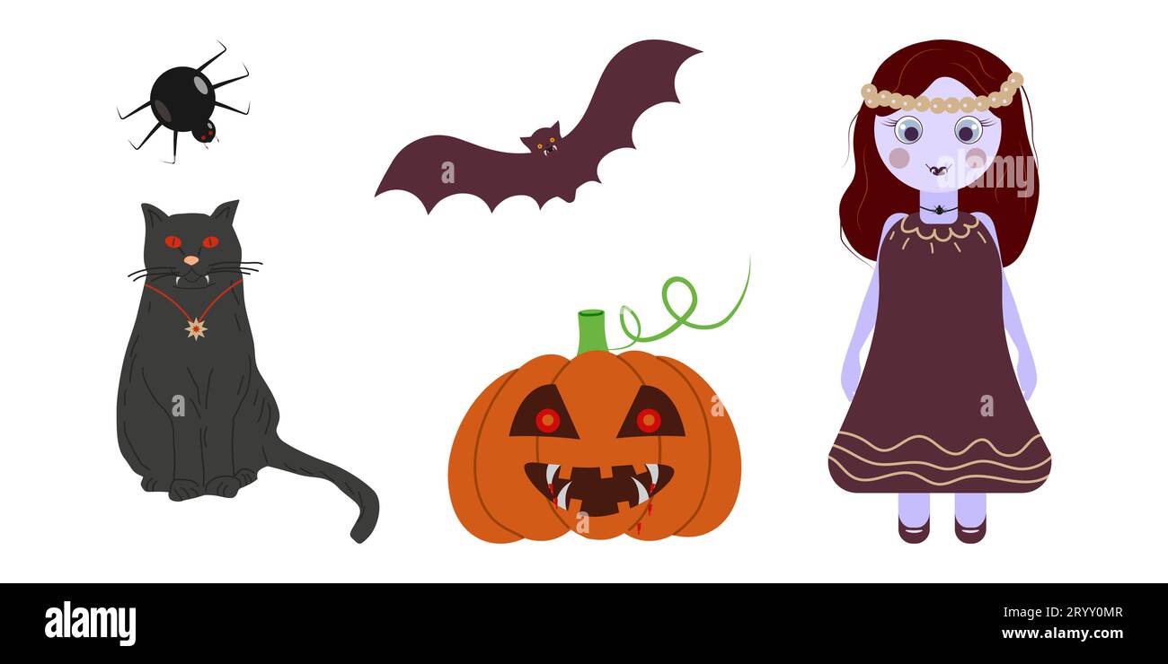 Personnage de dessin animé avec bouche de vampire avec crocs. Jeu de caractères. Bat, une fille, chat noir, araignée et citrouille vampire.Halloween affiche. Fête d'Halloween. Illustration vectorielle... Illustration de Vecteur