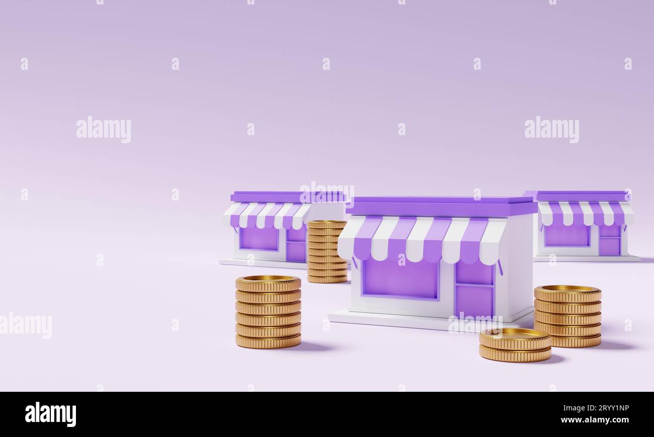 Supermarché avec des pièces de monnaie dorées empilées sur fond violet. Concept financier et économique. 3D rendu d'illustration Banque D'Images