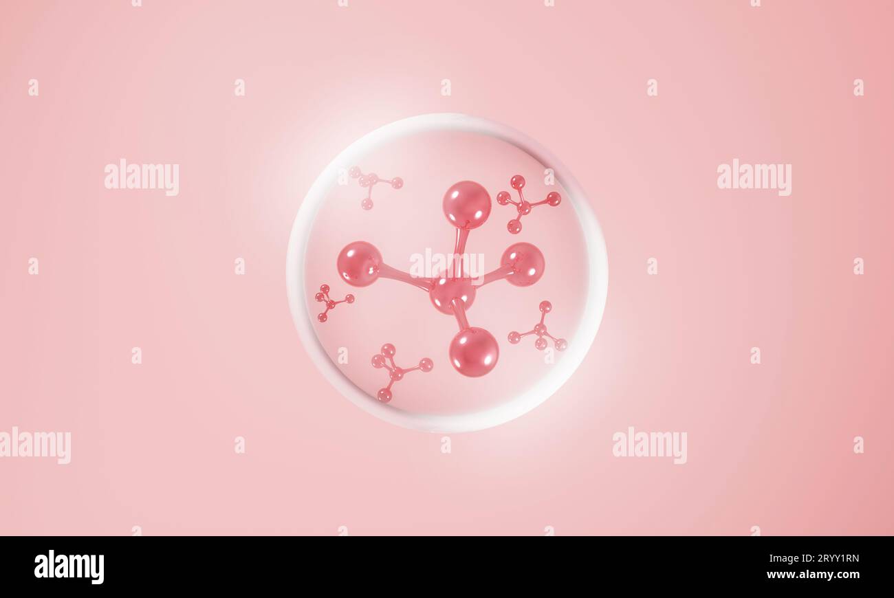 Atomes de molécule à l'intérieur des bulles sur fond de peau rose. Cosmétiques soins de la peau ou traitement et solution de la peau humaine. illustration 3d. Banque D'Images
