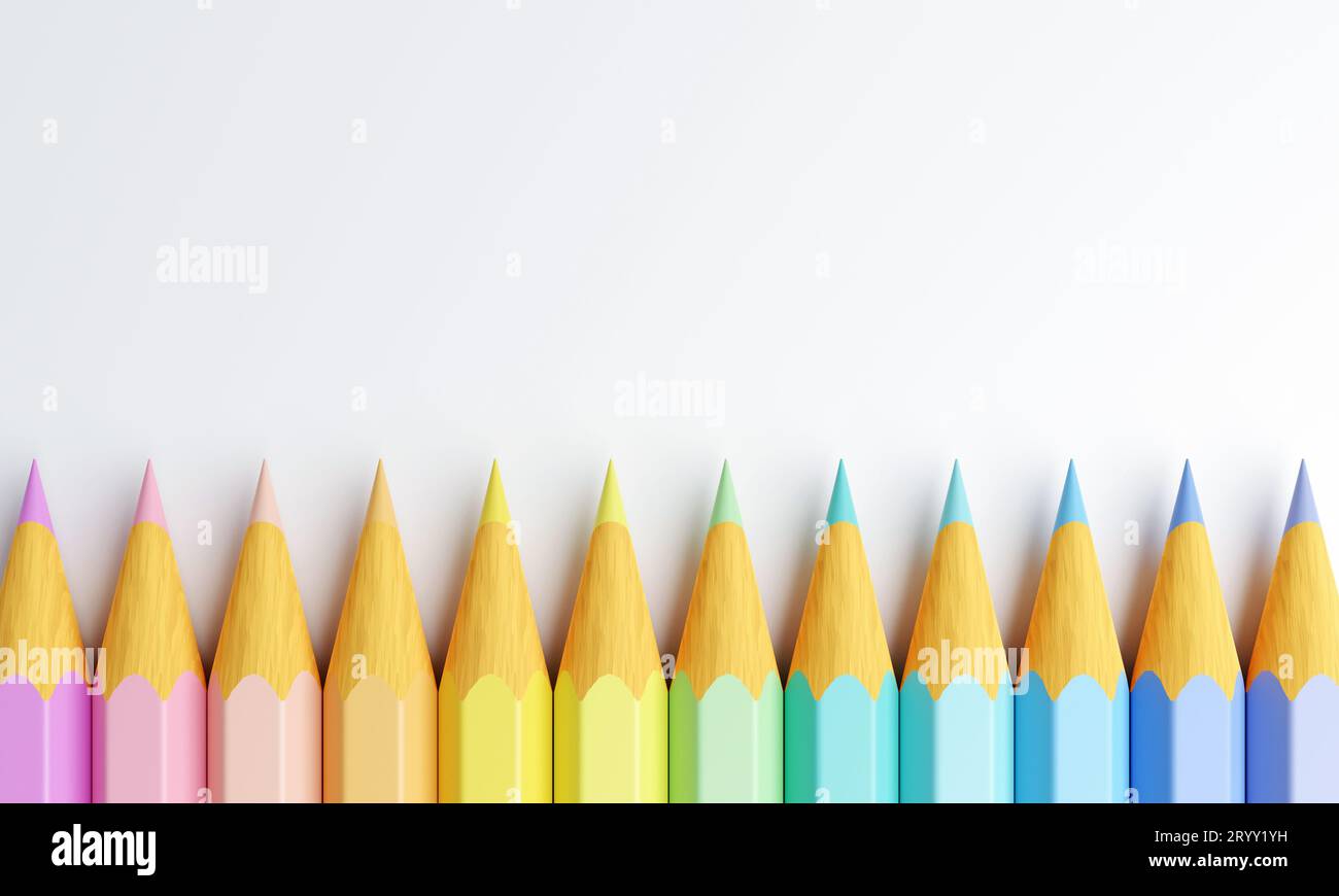 Crayons de couleur avec fond d'espace de copie. Crayons multicouleurs sur fond blanc. Éducation apprentissage en classe d'art et Retour t Banque D'Images