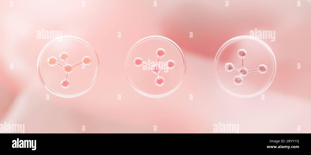 Structure des atomes de molécule à l'intérieur des bulles sur fond de peau rose. Cosmétiques soins de la peau ou traitement et solution de la peau humaine. 3d ill Banque D'Images
