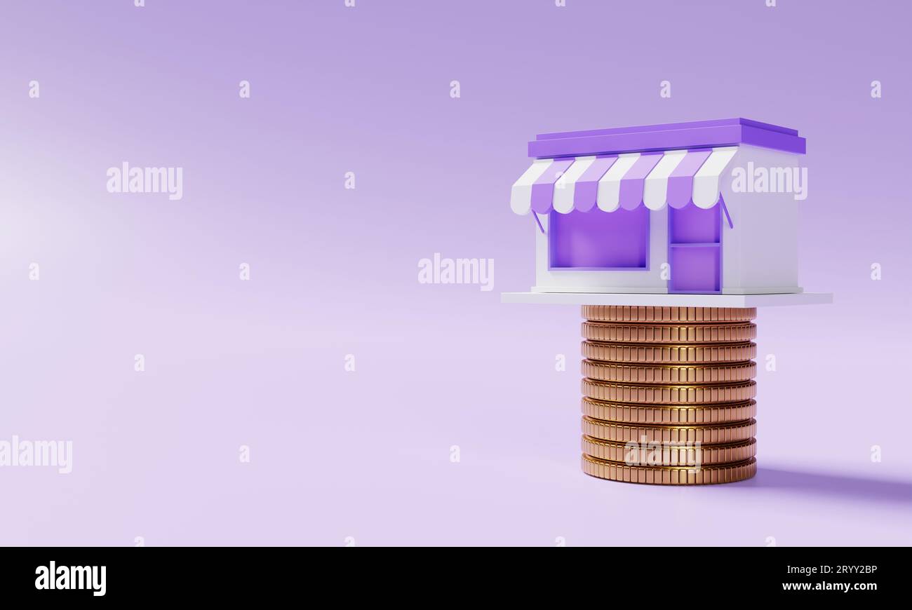 Magasin de supermarché sur l'empilage des pièces de monnaie dorées sur fond violet. Concept financier et économique. 3D rendu d'illustration Banque D'Images