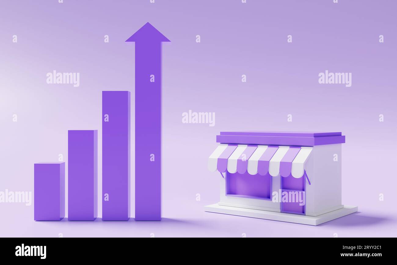 Modèle de vitrine minimal et graphique à barres montantes sur fond violet. Concept de propriétaire d'entreprise et d'entrepreneur de démarrage. 3D il Banque D'Images