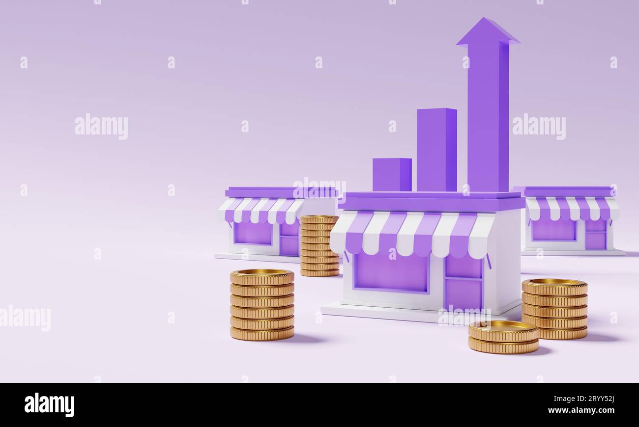 Tableau à barres et pièces de monnaie du magasin avec espace de copie sur fond violet. Concept financier et de commerce électronique. 3D rendu d'illustration Banque D'Images