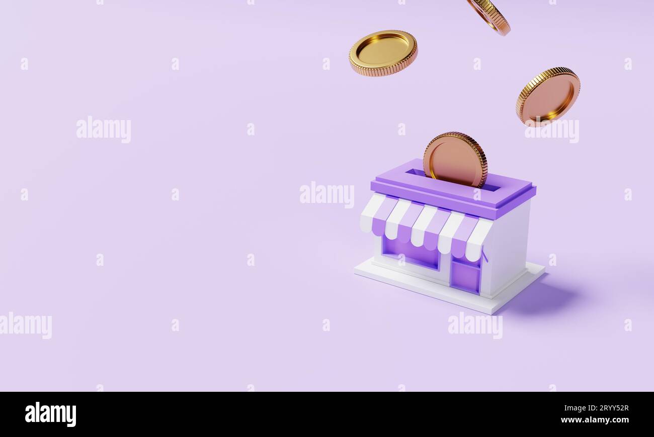 Magasin de supermarché avec des pièces d'or tombant sur fond violet. Épargne financière et concept économique. Illustration 3D. Banque D'Images