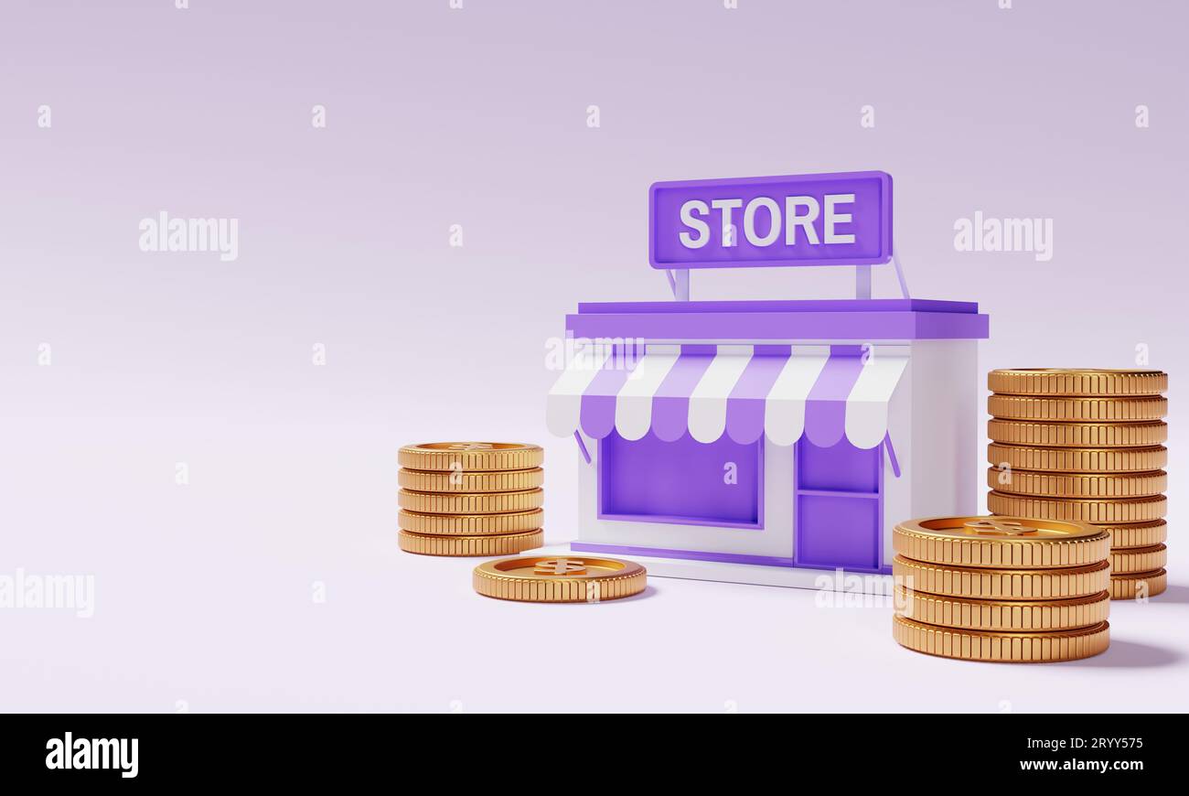 Storefront avec la pièce d'or d'argent sur fond violet et espace de copie. Concept d'entrepreneuriat financier et de démarrage d'entreprise. 3D. Banque D'Images
