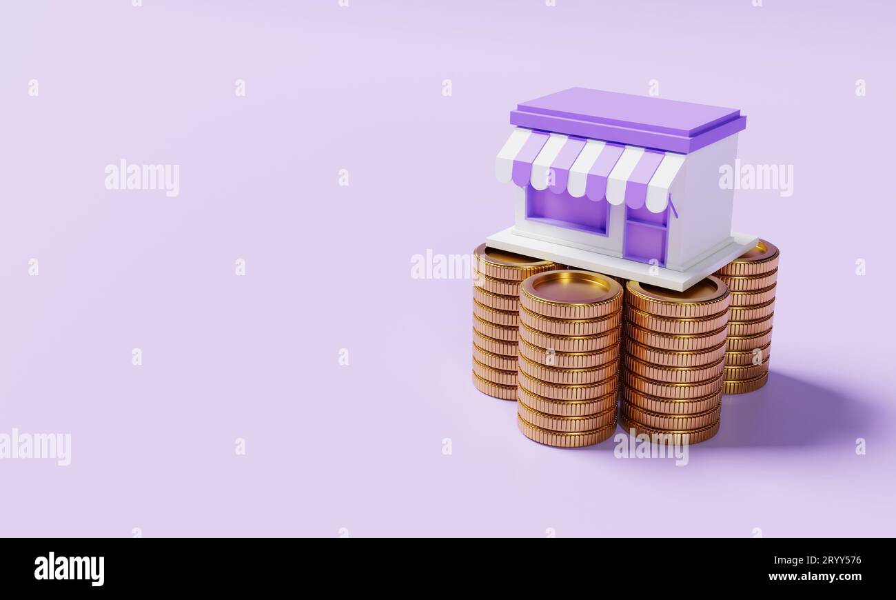 Magasin de supermarché sur l'empilage des pièces de monnaie dorées sur fond violet. Concept financier et économique. 3D rendu d'illustration Banque D'Images