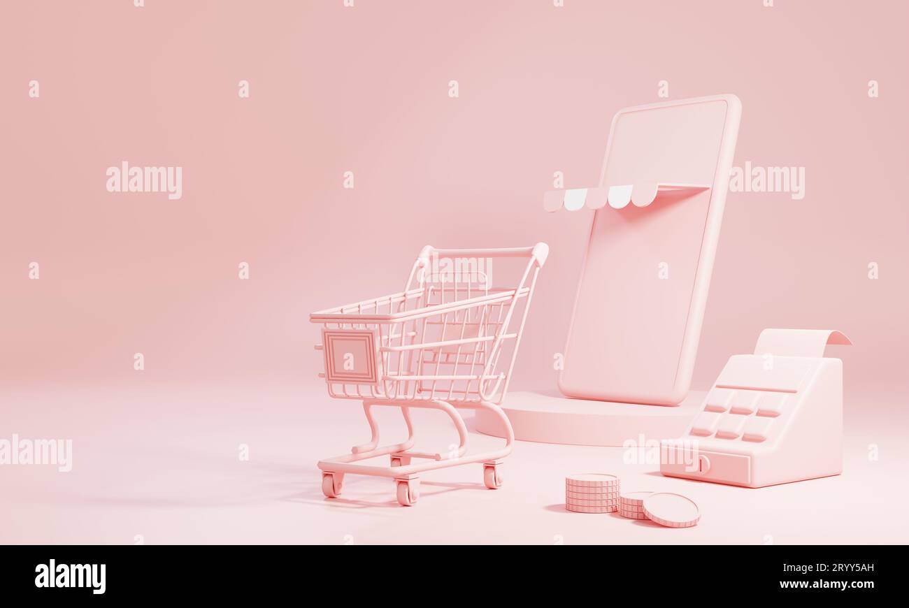 Concept d'achat et de livraison en ligne avec espace de copie sur fond pastel rose. Commerce électronique et livraison magasin. 3D illus Banque D'Images