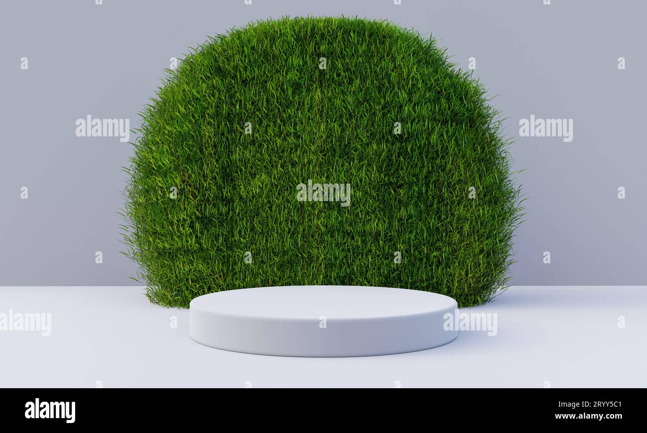 Podium blanc avec fond de tableau circulaire herbacé.Concept objet et nature.3D rendu d'illustration Banque D'Images