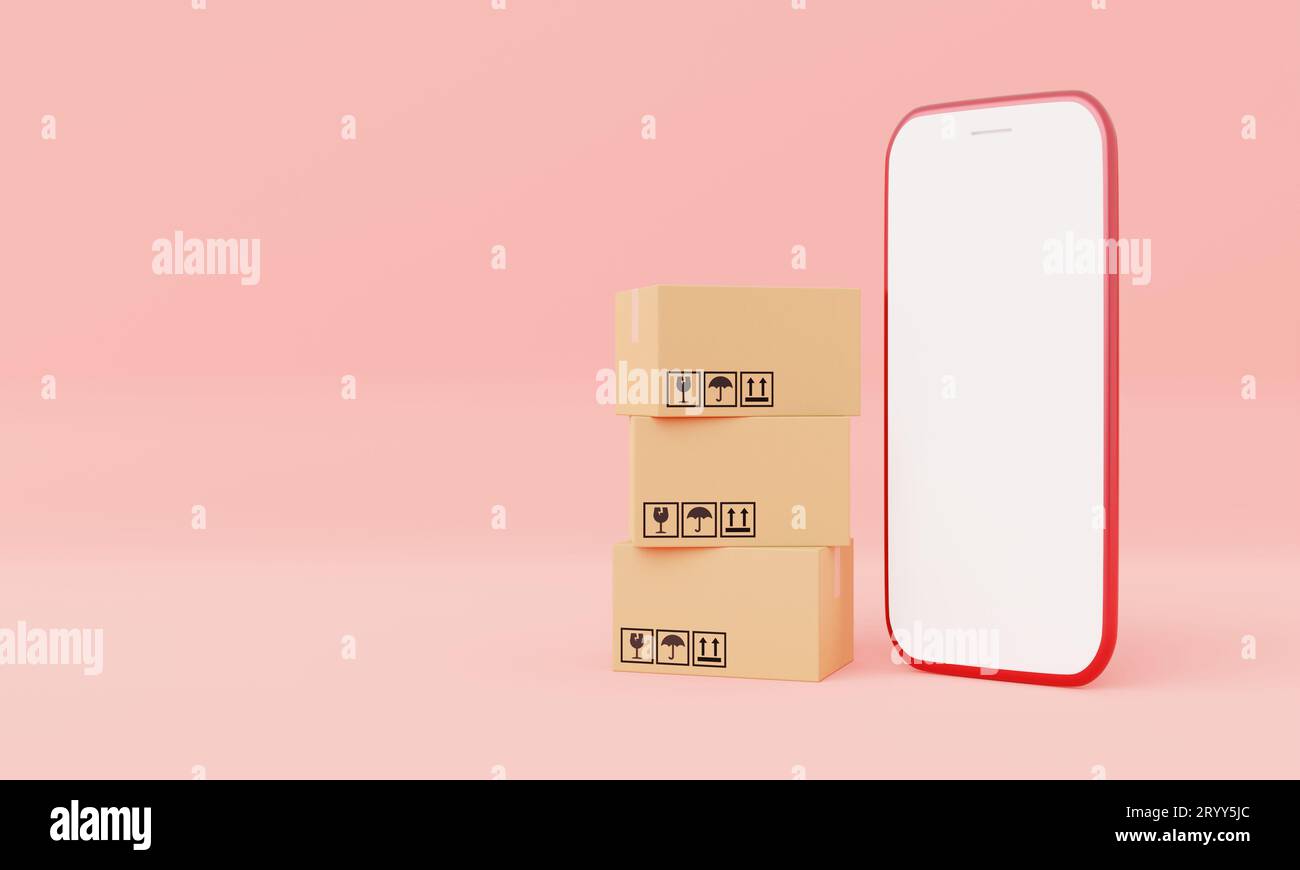 Carboardboxes avec maquette de smartphone à écran blanc isolé sur fond pastel rose. Livraison commerciale et achats en ligne conc Banque D'Images