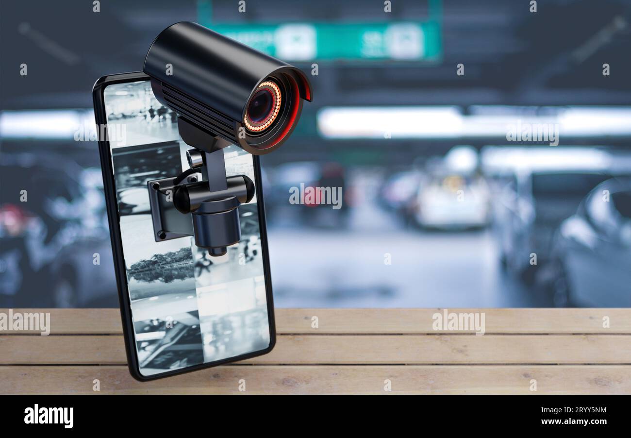 CCTV caméra de sécurité sur smartphone dans le parking à la maison résident arrière-plan. Technologie sûre et sécurisée à l'intérieur de la propriété et ho Banque D'Images