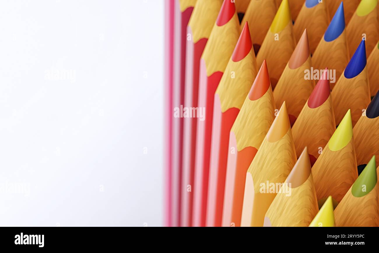 Gros plan des crayons de couleur avec l'arrière-plan de l'espace de copie. Crayons multicouleurs sur fond blanc. Apprentissage de l'éducation en art et pai Banque D'Images