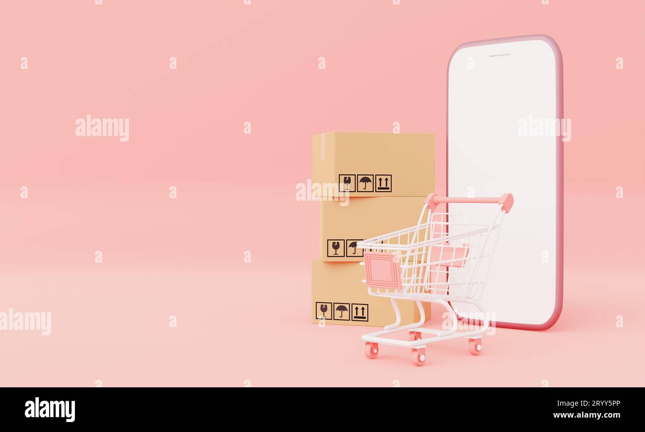 Boîte en carton avec maquette de smartphone à écran blanc isolé et panier d'achat sur fond pastel rose. Livraison commerciale et SH Banque D'Images