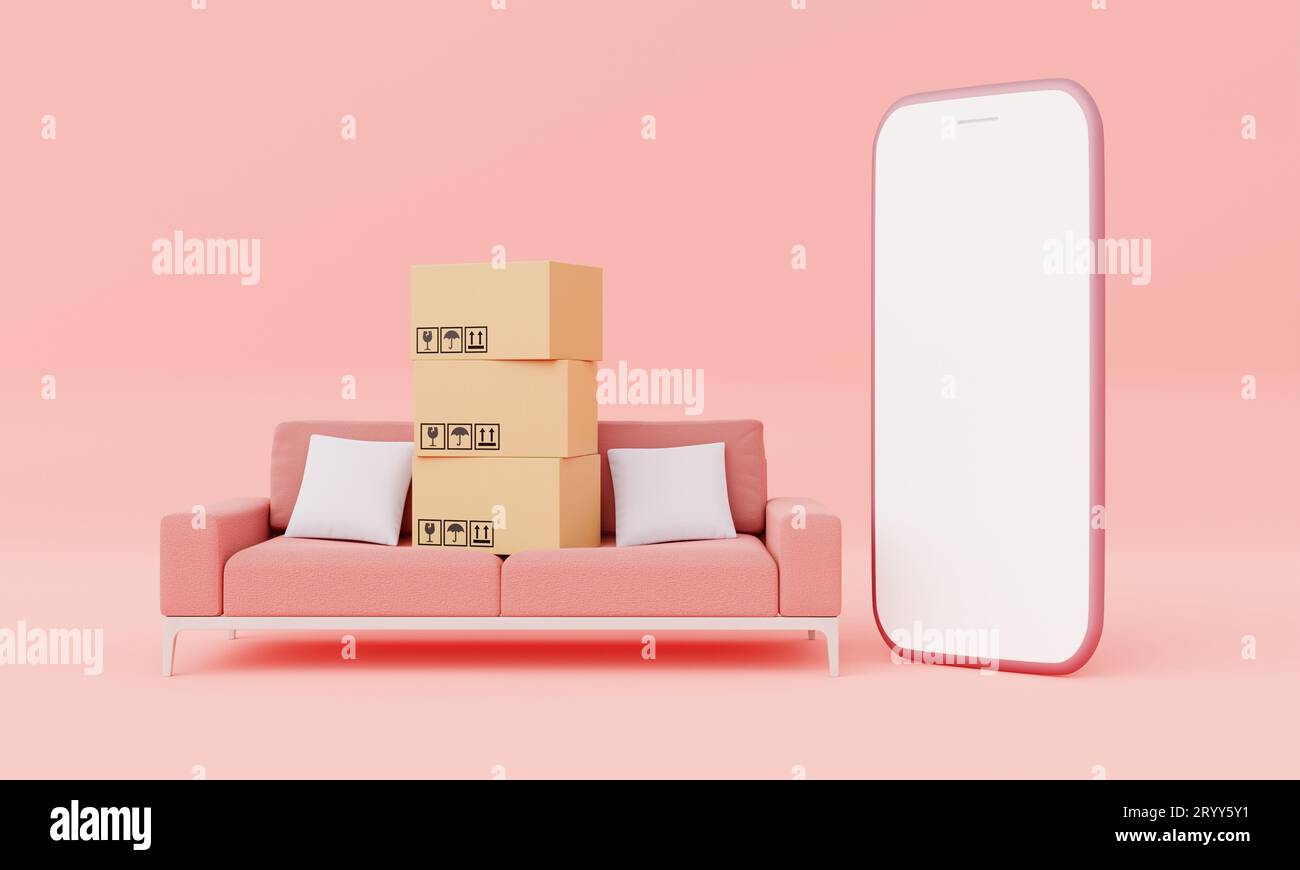 Boîtes en carton avec smartphone à écran blanc isolé avec maquette de décoration de meubles de canapé de salon sur backgroun pastel rose Banque D'Images