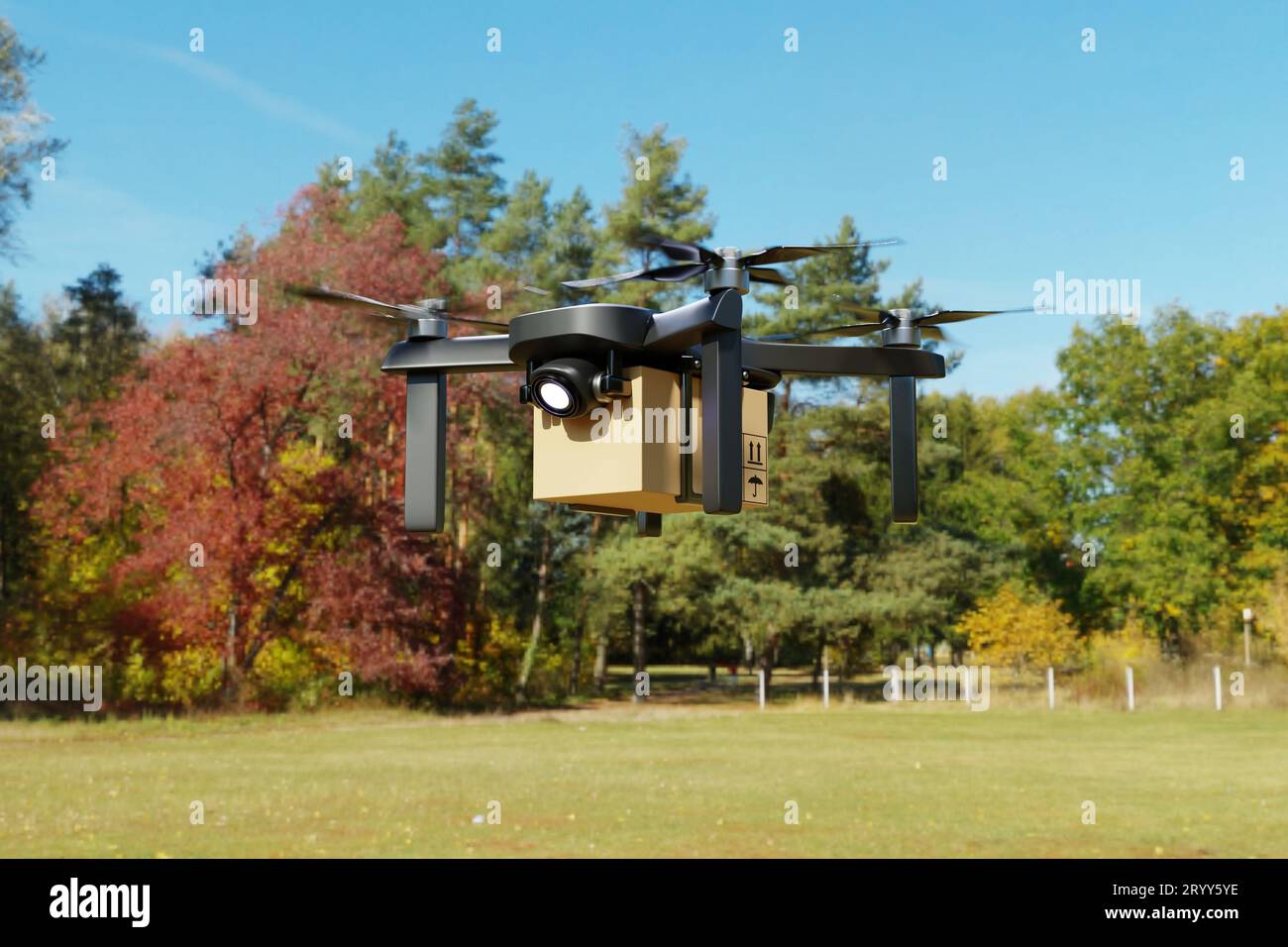 Drone aérien volant de livraison dans la maison de ferme. Concept de transport et d'agriculture de technologie d'affaires. Achats et services en ligne Banque D'Images