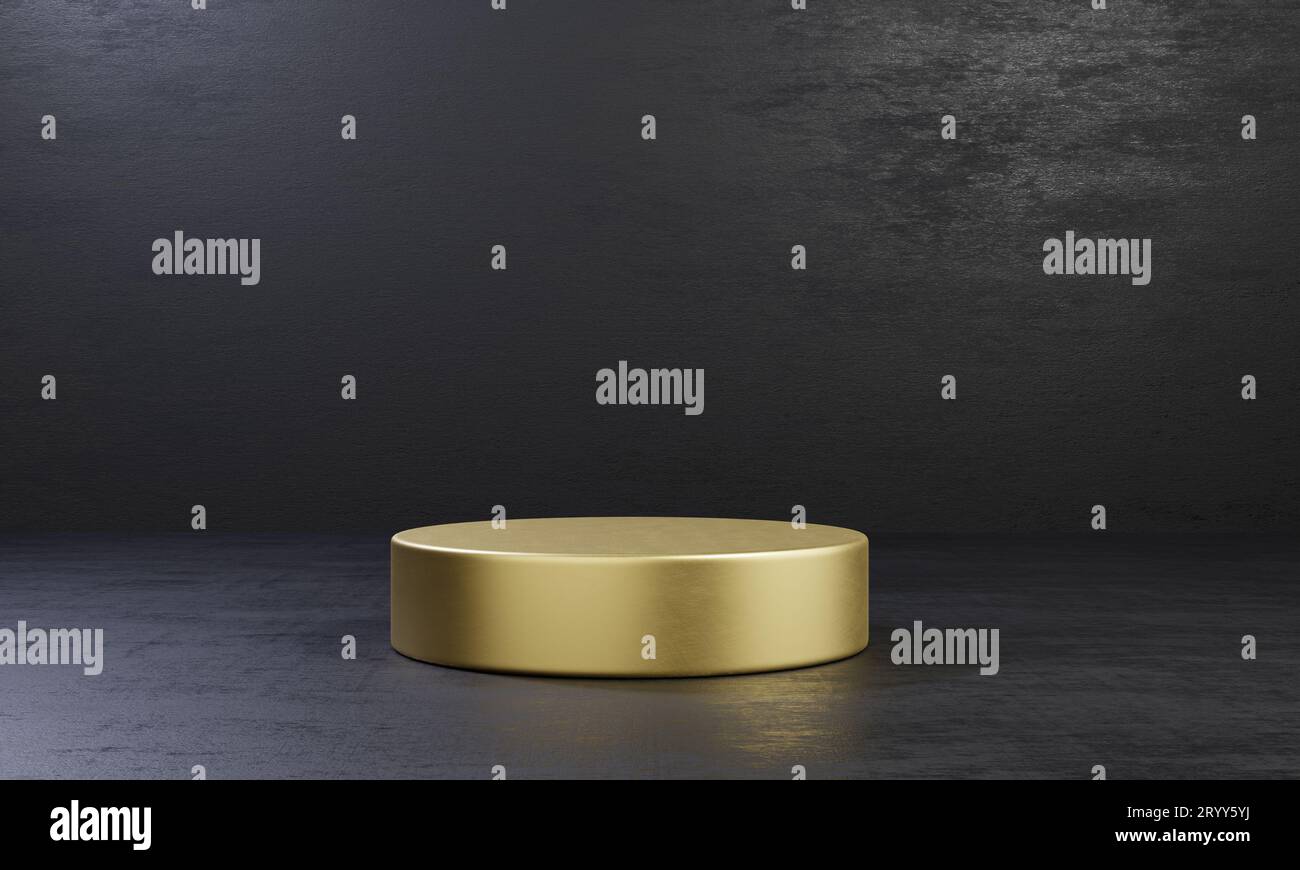 Table de podium de scène de produit d'un cylindre d'or sur fond de ciment noir. Thème de mode minimaliste abstrait. Exposition de géométrie s Banque D'Images