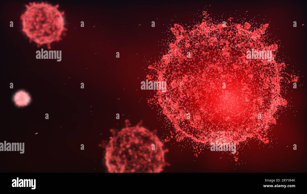 Gros plan sur le virus de la grippe dans les vaisseaux sanguins. Fond rouge abstrait plexus Wireframe coronavirus. Science et concept médical. Micro Banque D'Images