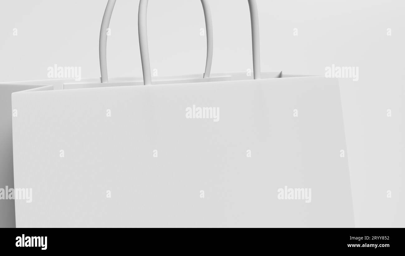 Gros plan sac à provisions blanc avec corde de poignée sur fond blanc isolé. Concept d'accessoires objet et Business. Illustrati 3D. Banque D'Images