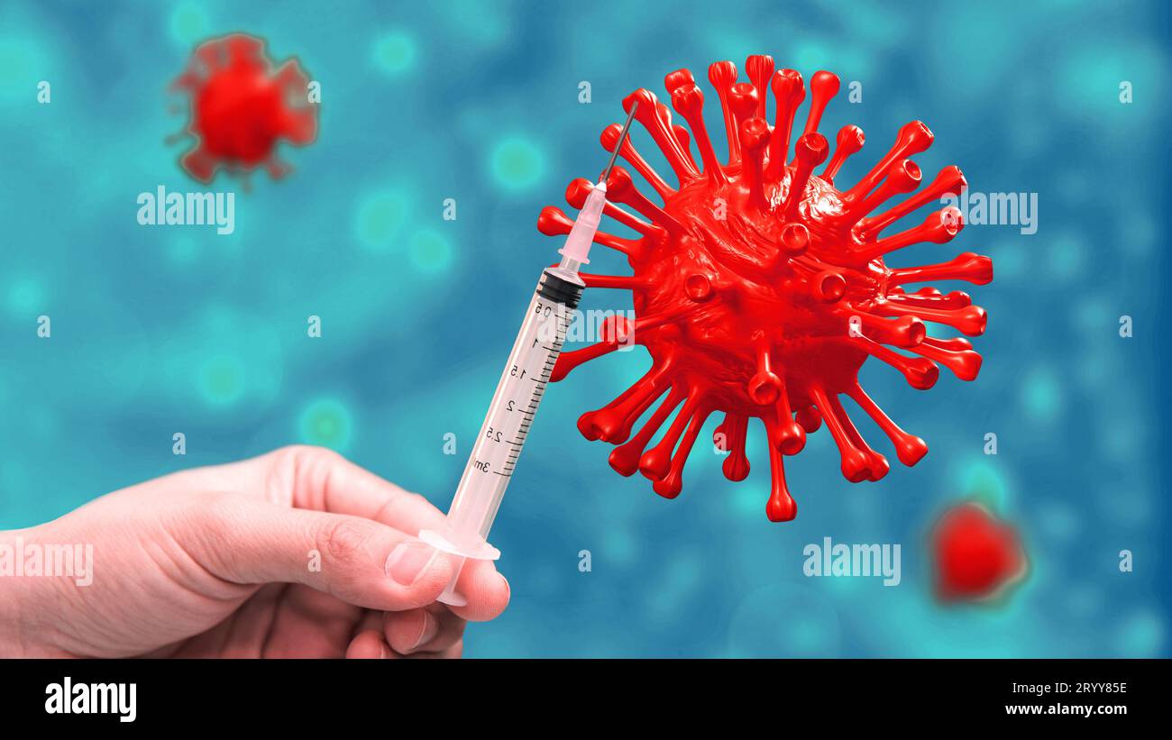 Gros plan du virus de la grippe dans un vaisseau sanguin avec vaccin immunitaire. Contexte du coronavirus filaire Covid-19. Science et con médical Banque D'Images